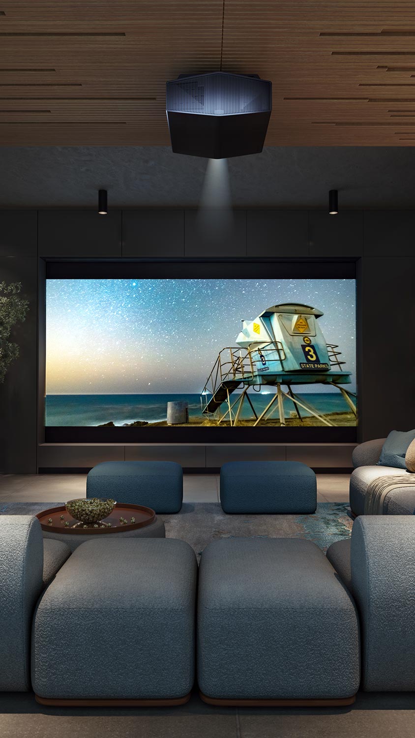 Modern home theater with ceiling projector and ocean scene