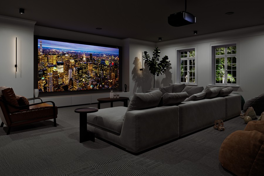 Luxurious home theater featuring a large projection screen, comfortable seating, and state-of-the-art audio equipment.