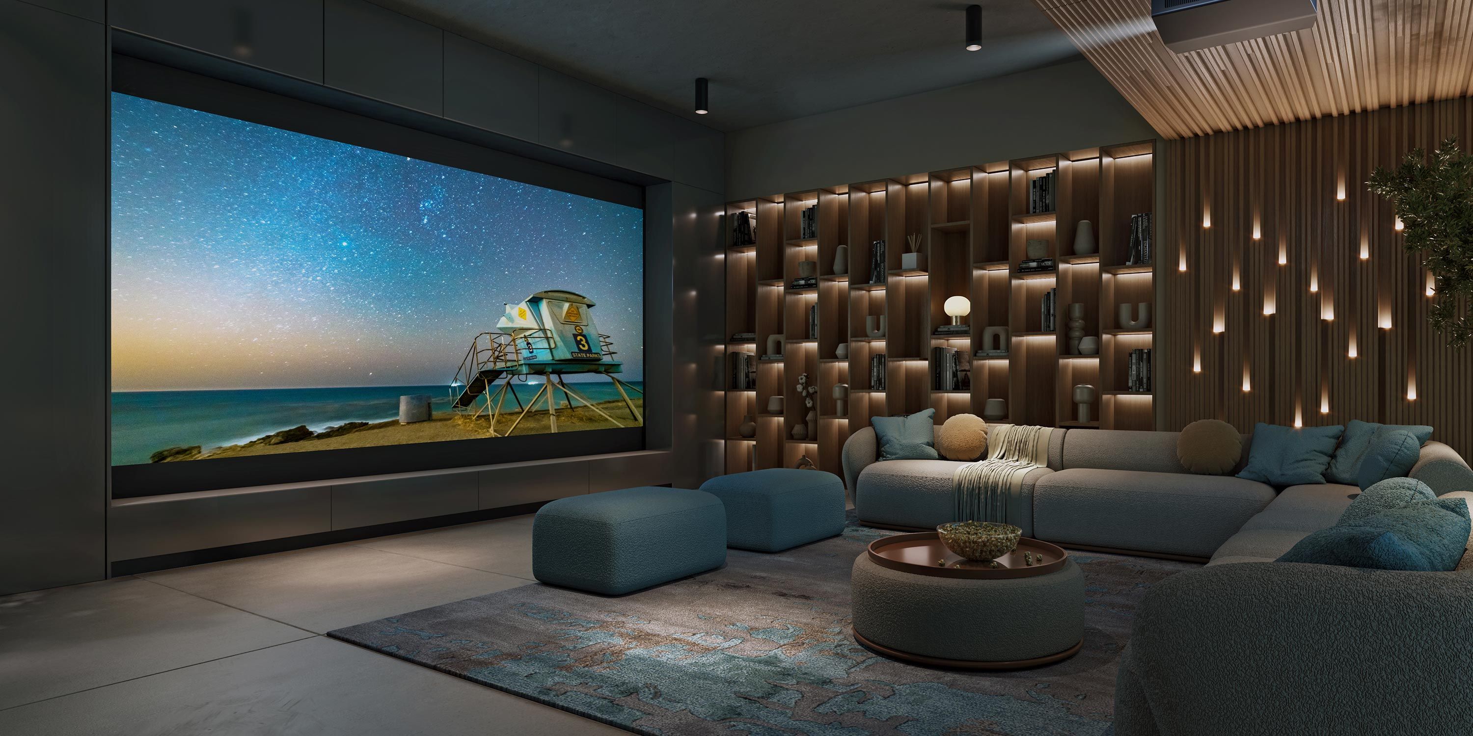 Modern home theater with a large screen, comfortable seating, and ambient lighting on a wooden feature wall.