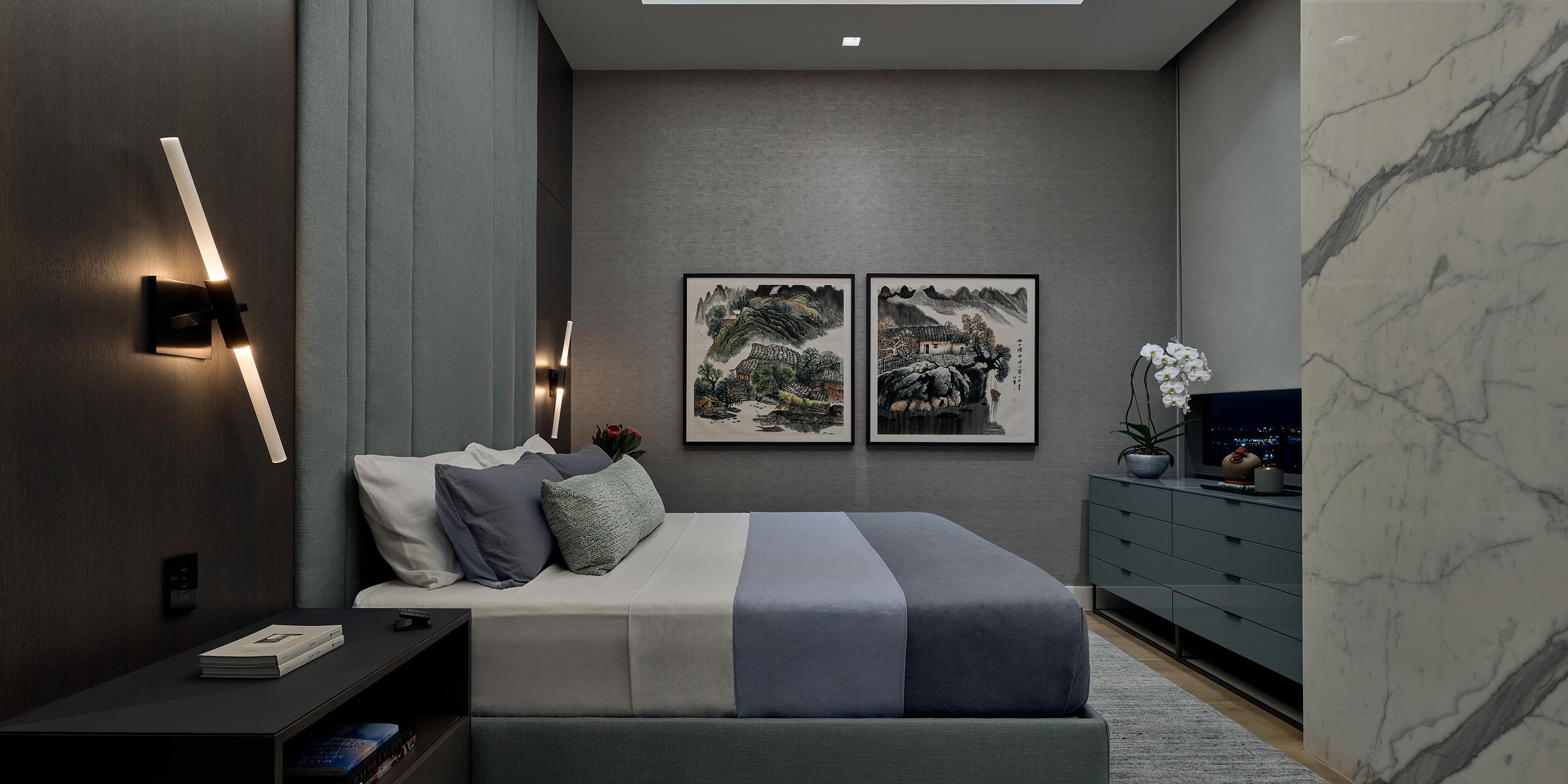 Lutron bedroom in greyish blue colors