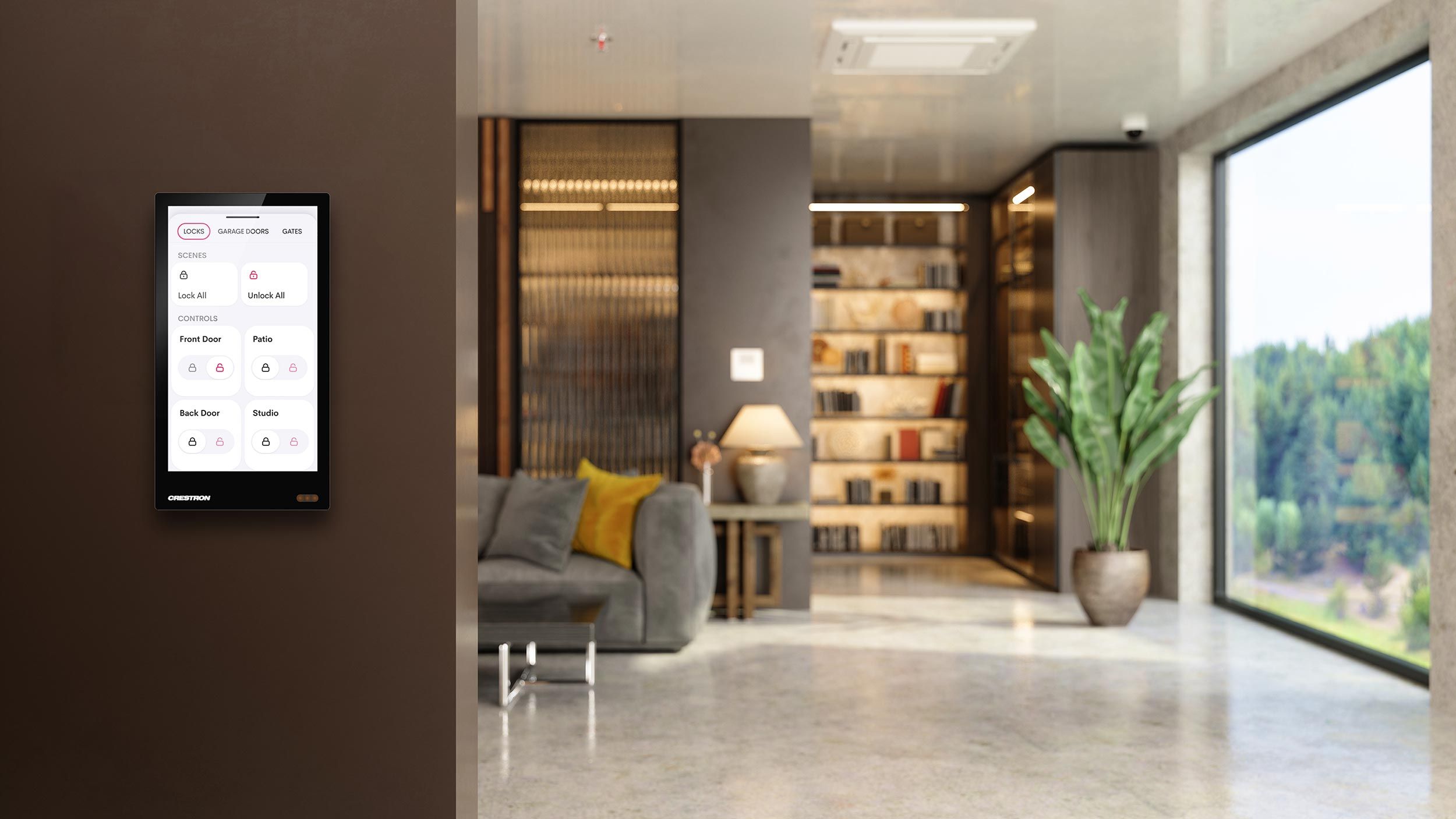 Sleek wall-mounted smart home control panel in a stylish living room with large windows and modern decor.